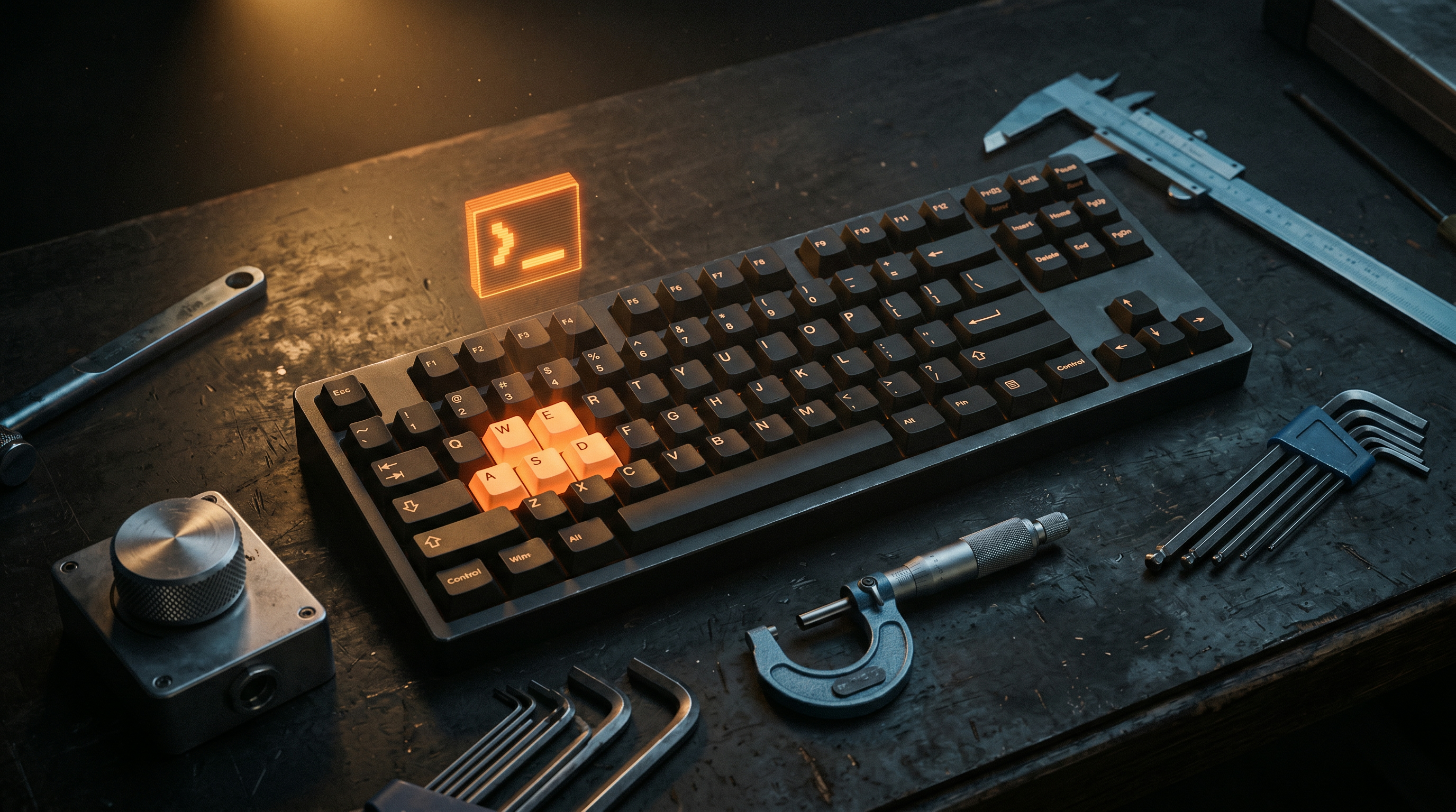 Desktop Tools — precision engineer’s workshop with backlit mechanical keyboard and steel instruments